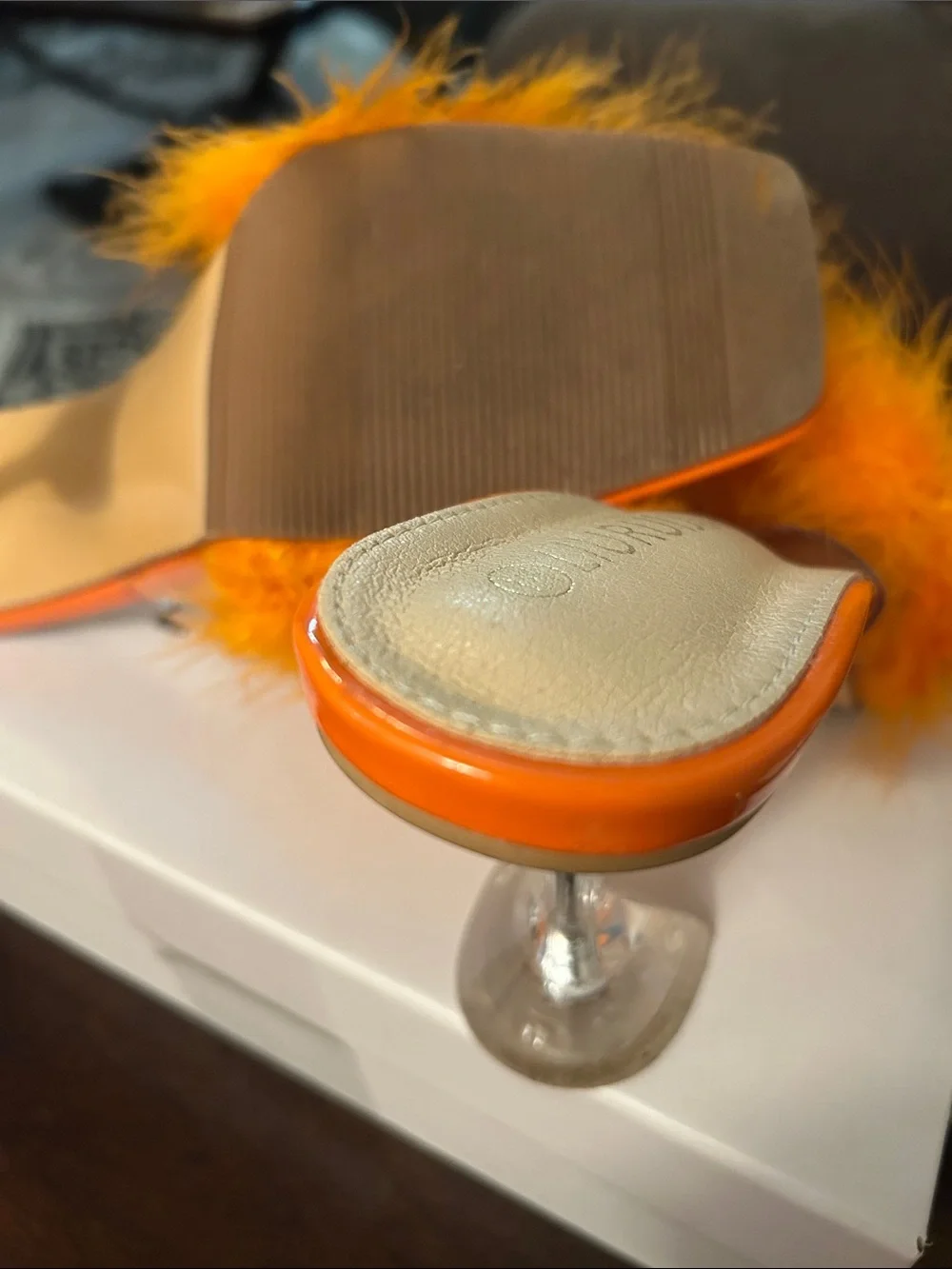 Fuzzy Feather Slide Sandal - Orange